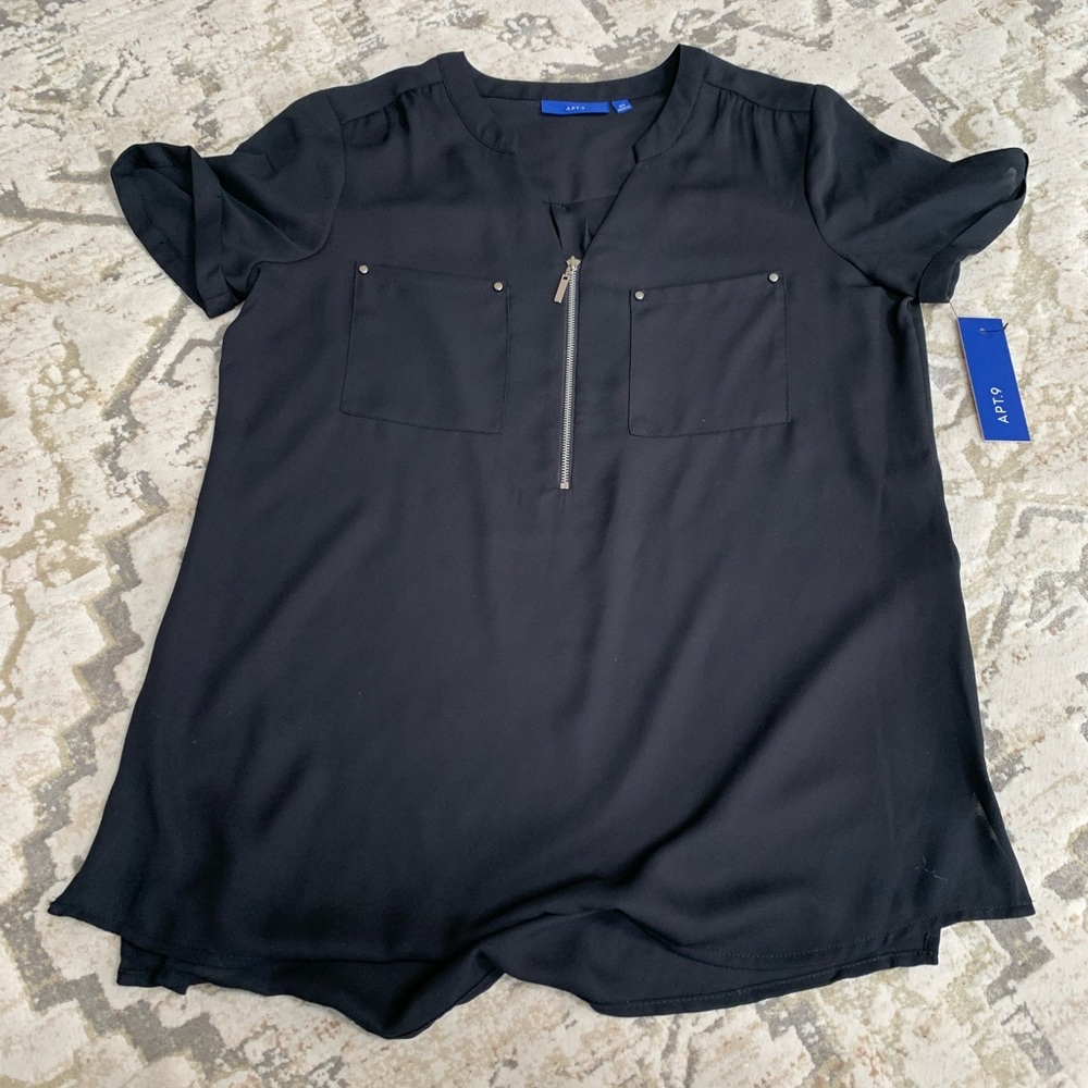 Apt. 9 Black See-Through Top with two front pockets and zipper